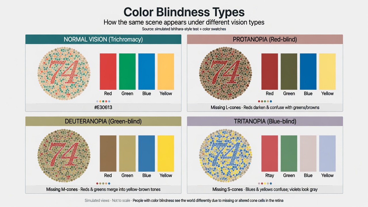 Color vision deficiency simulation examples showing how the same color palette appears under normal vision, protanopia, deuteranopia, and tritanopia