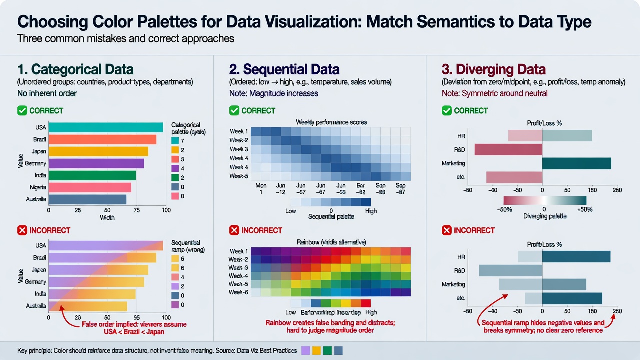 Correct vs. incorrect palette type matching for categorical, sequential, and diverging data. Wrong choices create false ordering or hide structure; correct choices respect data semantics and remain accessible.