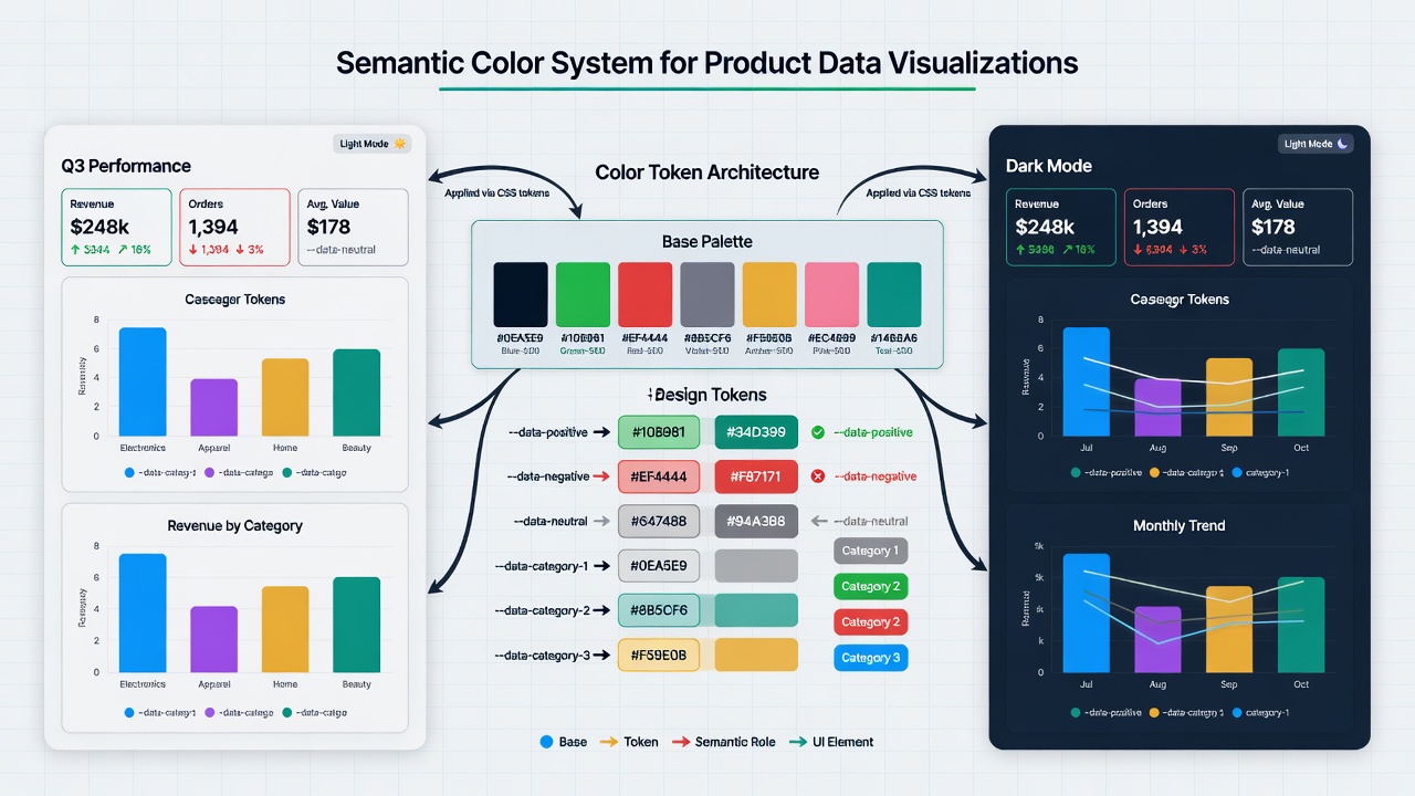 Semantic color tokens powering consistent data visualizations across a product dashboard and its charts, shown in light and dark modes